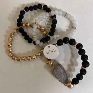 make a wish - 4-strand bracelet - black, white, gold tone, druzy beads (#JLB50C)